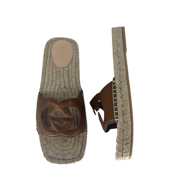 Gucci Carlos Interlocking GG Cut Out Slide Espadrille Sandals in Brown - Picture 7 of 16